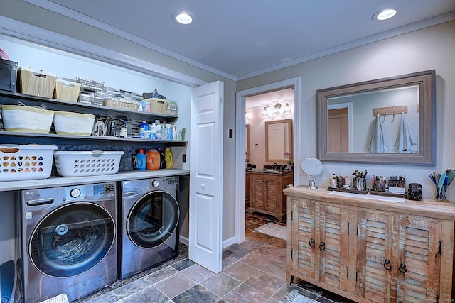 washroom with washer and clothes dryer, laundry area, recessed lighting, and ornamental molding