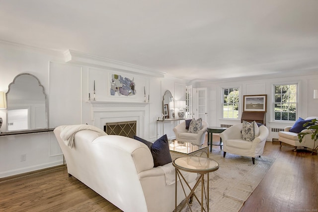 living room featuring a decorative wall, a fireplace, wood finished floors, and ornamental molding