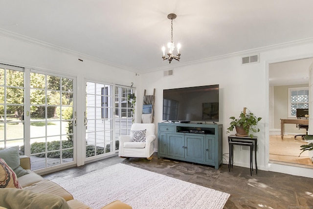 living area with a chandelier, visible vents, and ornamental molding