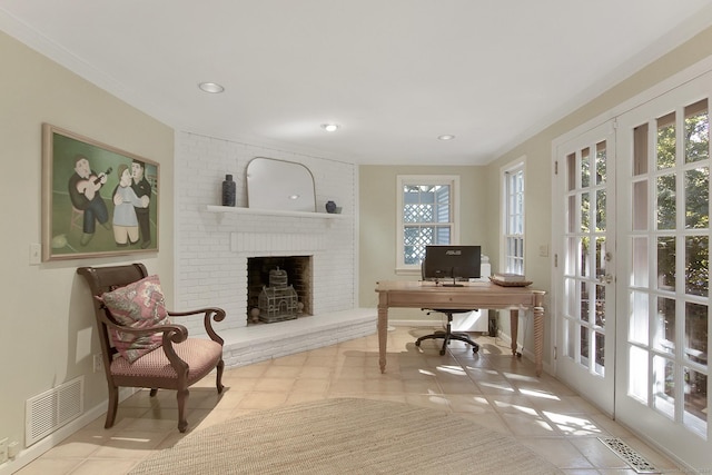 office featuring tile patterned floors, visible vents, recessed lighting, and a fireplace