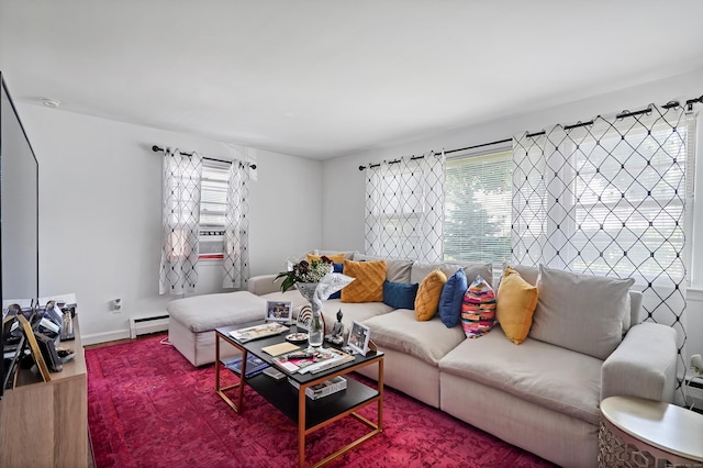 living room featuring baseboards and baseboard heating