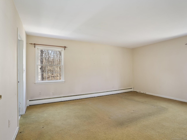 carpeted spare room with a baseboard radiator