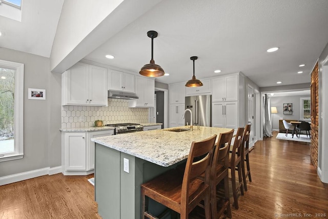 kitchen with under cabinet range hood, dark wood finished floors, decorative backsplash, appliances with stainless steel finishes, and a sink