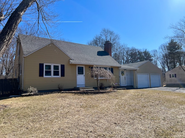 ranch-style home with driveway, roof with shingles, a chimney, entry steps, and a garage