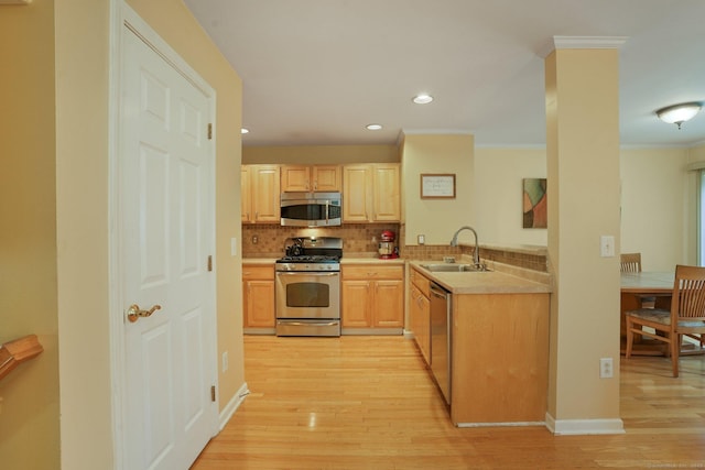 kitchen with a sink, stainless steel appliances, decorative backsplash, and light wood finished floors