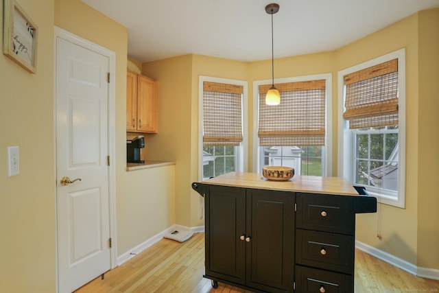 kitchen featuring baseboards, light wood-style floors, dark cabinets, and hanging light fixtures