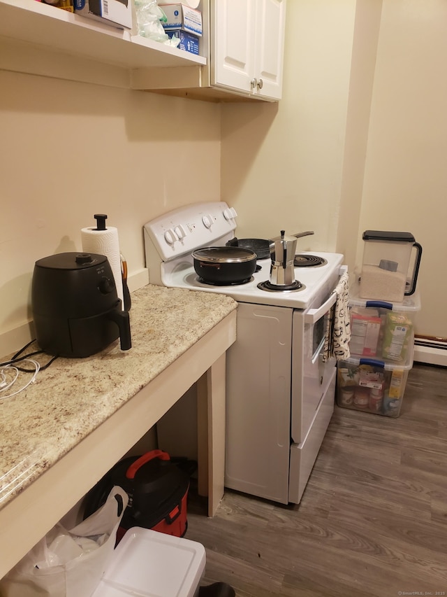 laundry room with a baseboard radiator, wood finished floors, and laundry area