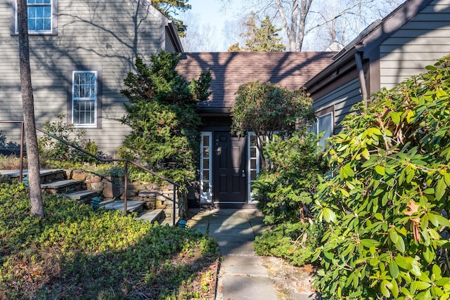 view of exterior entry featuring roof with shingles