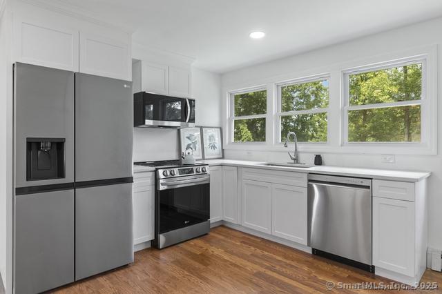 kitchen featuring a sink, stainless steel appliances, plenty of natural light, and white cabinets