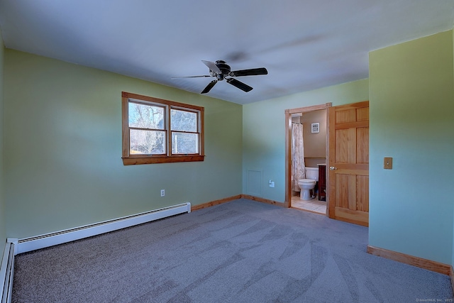 unfurnished bedroom featuring connected bathroom, carpet, baseboards, and a baseboard radiator