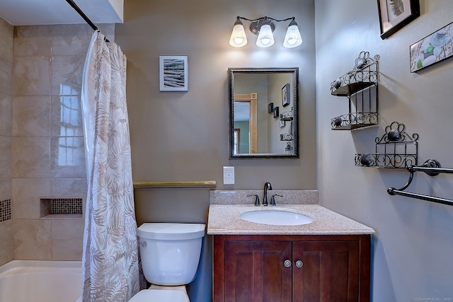 full bath with shower / bathtub combination with curtain, toilet, and vanity