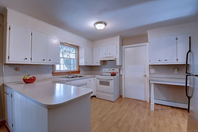 kitchen with white electric range oven, a peninsula, a sink, under cabinet range hood, and a baseboard heating unit