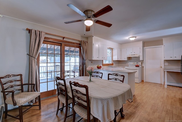 dining space featuring baseboard heating, light wood finished floors, and ceiling fan