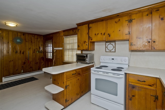 kitchen with brown cabinetry, light countertops, electric stove, and a baseboard radiator