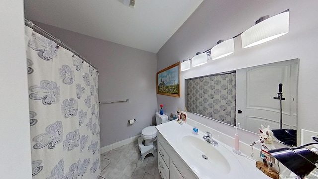105 Mashentuck Rd, Killingly, CT 06239 - full bathroom with vanity, toilet, vaulted ceiling, curtained shower, and baseboards