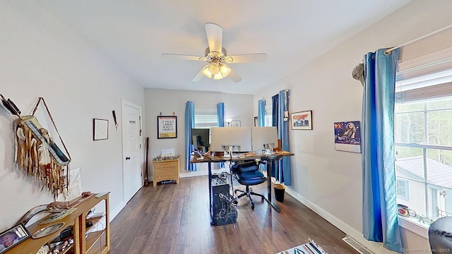 105 Mashentuck Rd, Killingly, CT 06239 - home office with baseboards, a ceiling fan, and dark wood finished floors