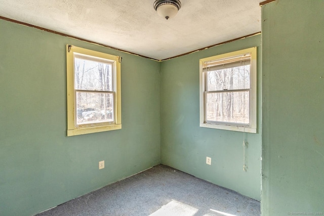 carpeted empty room featuring a textured ceiling