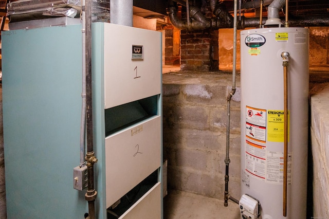 utility room featuring gas water heater and heating unit