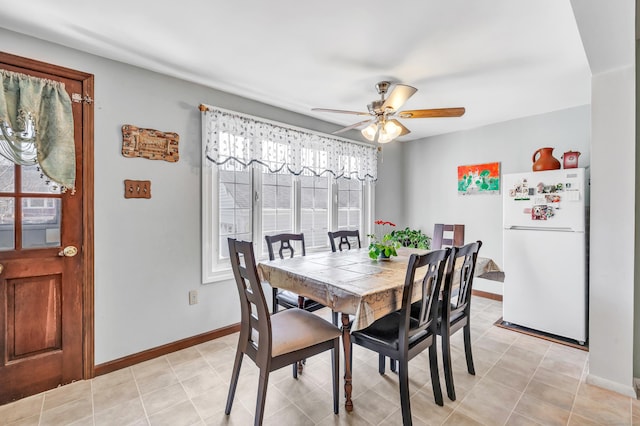 dining room with baseboards and a ceiling fan