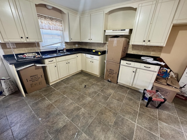 kitchen with dark countertops, backsplash, under cabinet range hood, and a sink