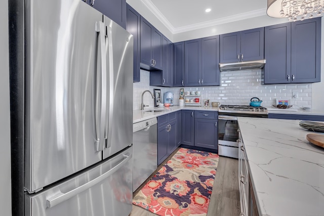 kitchen with under cabinet range hood, backsplash, appliances with stainless steel finishes, and ornamental molding