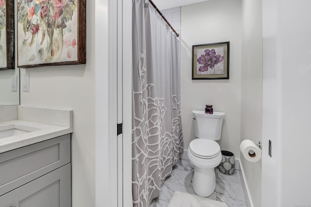 bathroom with vanity, baseboards, curtained shower, toilet, and marble finish floor