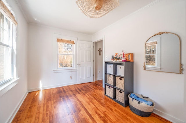 interior space with ornamental molding, baseboards, and hardwood / wood-style floors