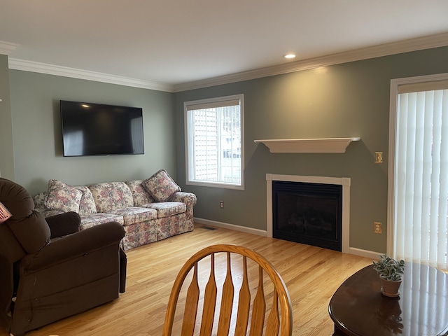 living room with a fireplace, crown molding, wood finished floors, and baseboards