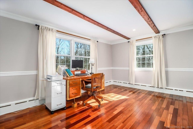 office featuring beamed ceiling, crown molding, and hardwood / wood-style flooring