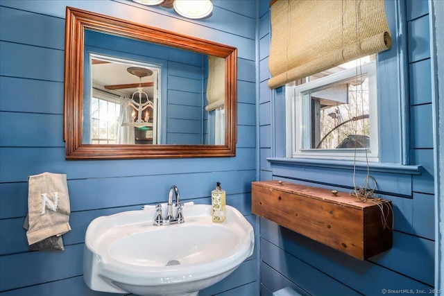 bathroom featuring wooden walls and a sink