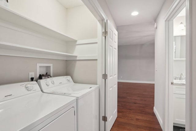 1042 Heritage Vlg Unit A, Southbury, CT 06488 - laundry area with dark wood-style floors, washing machine and clothes dryer, baseboards, and recessed lighting