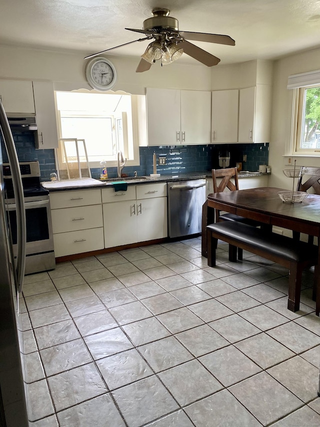 kitchen with a sink, tasteful backsplash, appliances with stainless steel finishes, extractor fan, and ceiling fan