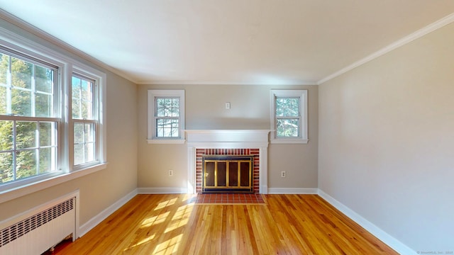 unfurnished living room featuring light wood finished floors, radiator, baseboards, a wealth of natural light, and a fireplace