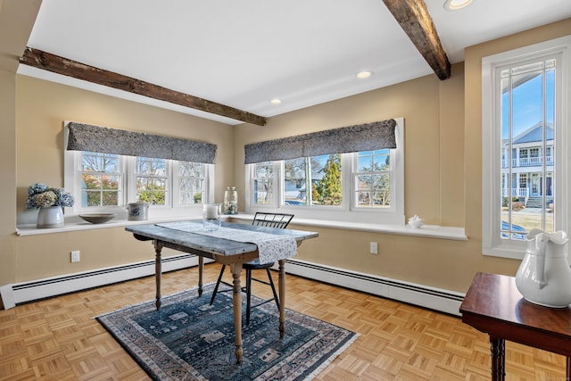 dining space with recessed lighting, beam ceiling, and baseboard heating