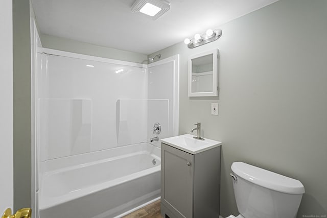 129 Smith Rd, East Haddam, CT 06423 - bathroom featuring toilet, shower / bathtub combination, vanity, and wood finished floors