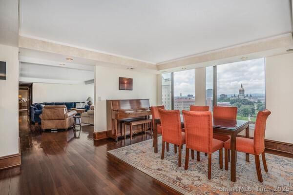 dining space with a city view, baseboards, and wood finished floors