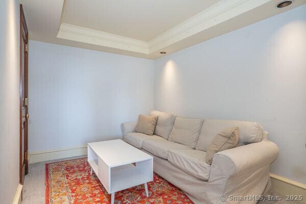 living area featuring crown molding, a raised ceiling, and baseboards