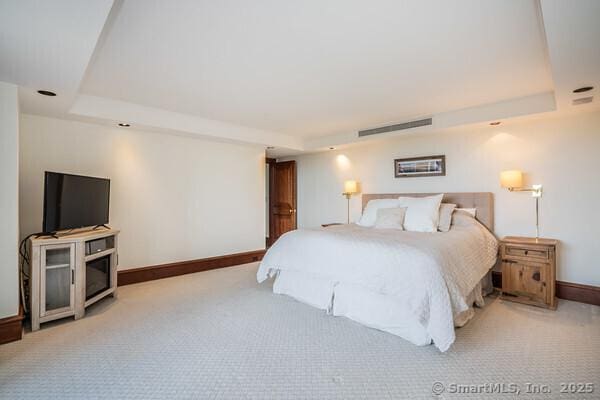 bedroom featuring a tray ceiling, baseboards, and carpet floors