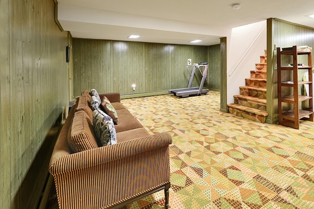 68 Hawthorne Dr, Fairfield, CT 06825 - recreation room with wooden walls, carpet flooring, and a baseboard heating unit