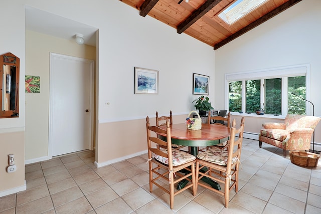 68 Hawthorne Dr, Fairfield, CT 06825 - dining space with a wooden ceiling with exposed beams, light tile patterned floors, a skylight, and high vaulted ceiling