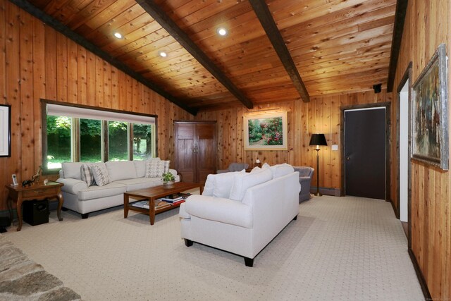 68 Hawthorne Dr, Fairfield, CT 06825 - living area featuring wood walls, wood ceiling, and light carpet