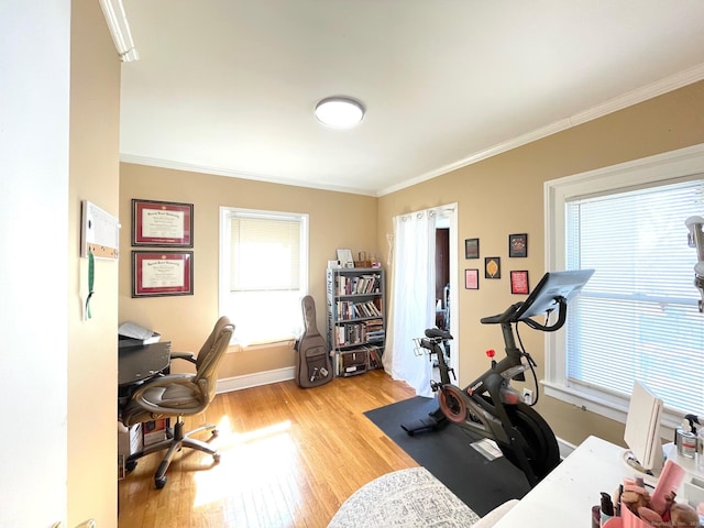 office space featuring light wood-type flooring, baseboards, and ornamental molding