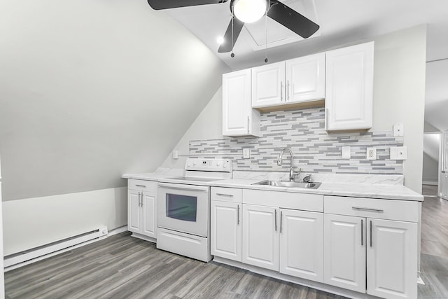 kitchen with a ceiling fan, white range with electric cooktop, a baseboard radiator, a sink, and white cabinets