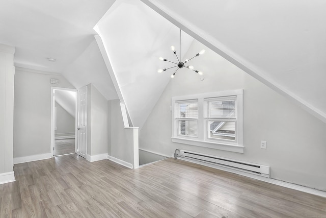 additional living space featuring wood finished floors, baseboards, a baseboard radiator, an inviting chandelier, and vaulted ceiling