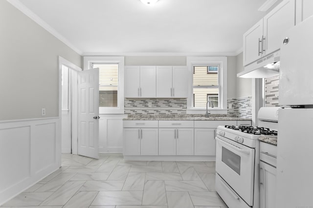 kitchen featuring white appliances, a wealth of natural light, crown molding, and under cabinet range hood