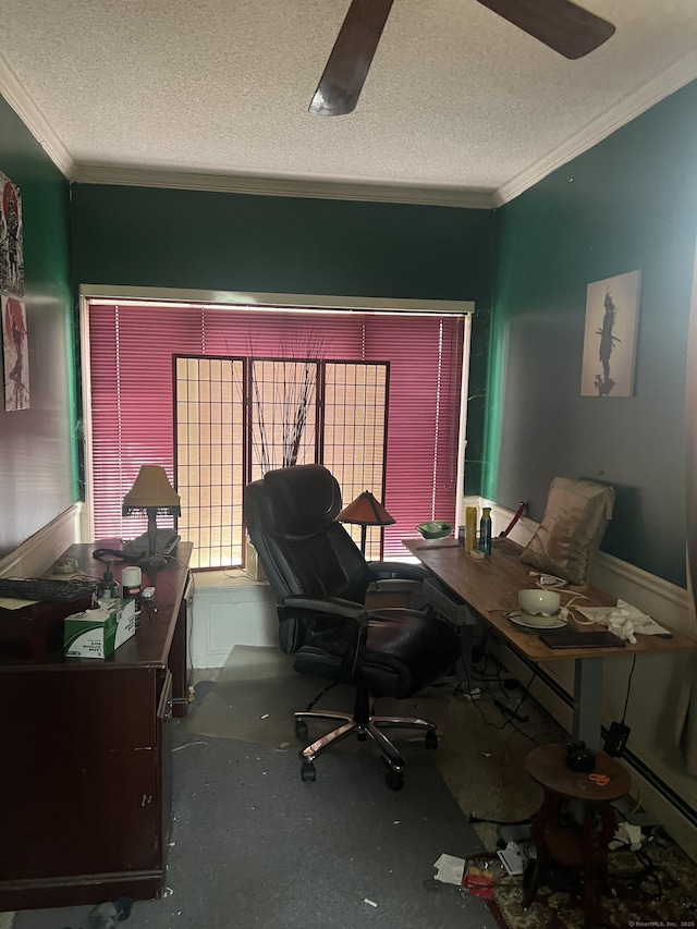 office area with a textured ceiling and ornamental molding