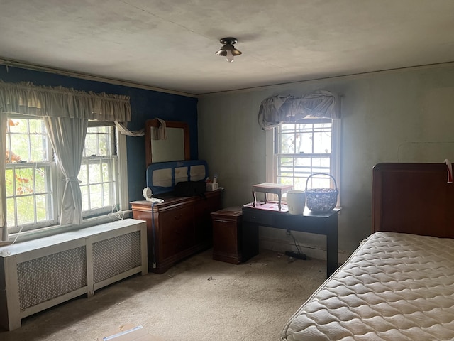 bedroom featuring multiple windows, light colored carpet, and radiator heating unit