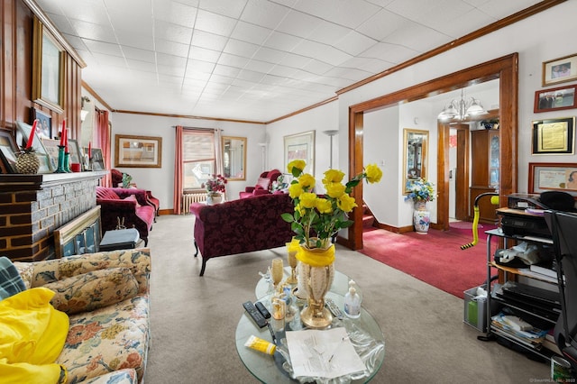 living room with a brick fireplace, radiator, baseboards, ornamental molding, and carpet floors