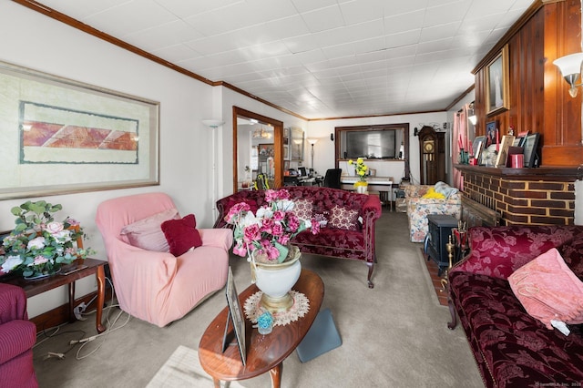 carpeted living room with ornamental molding