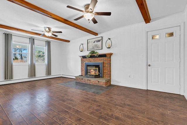 unfurnished living room featuring wood-type flooring, beam ceiling, ceiling fan, and a fireplace